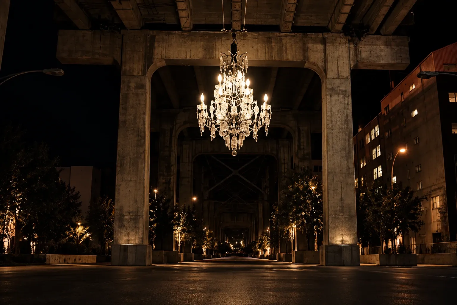 A crystal chandelier hung under a concrete overpass at night, a lit avenue of trees running away beneath it.