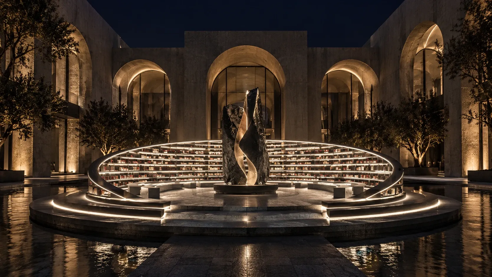 A stone courtyard at night, a twisted dark sculpture ringed by lit curved bookshelves over water.