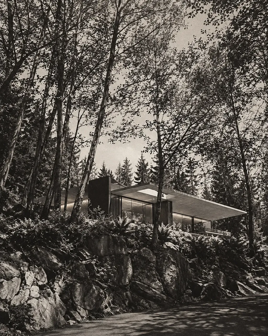 A glass and concrete house on a rocky slope, seen up through tall trees, in black and white.