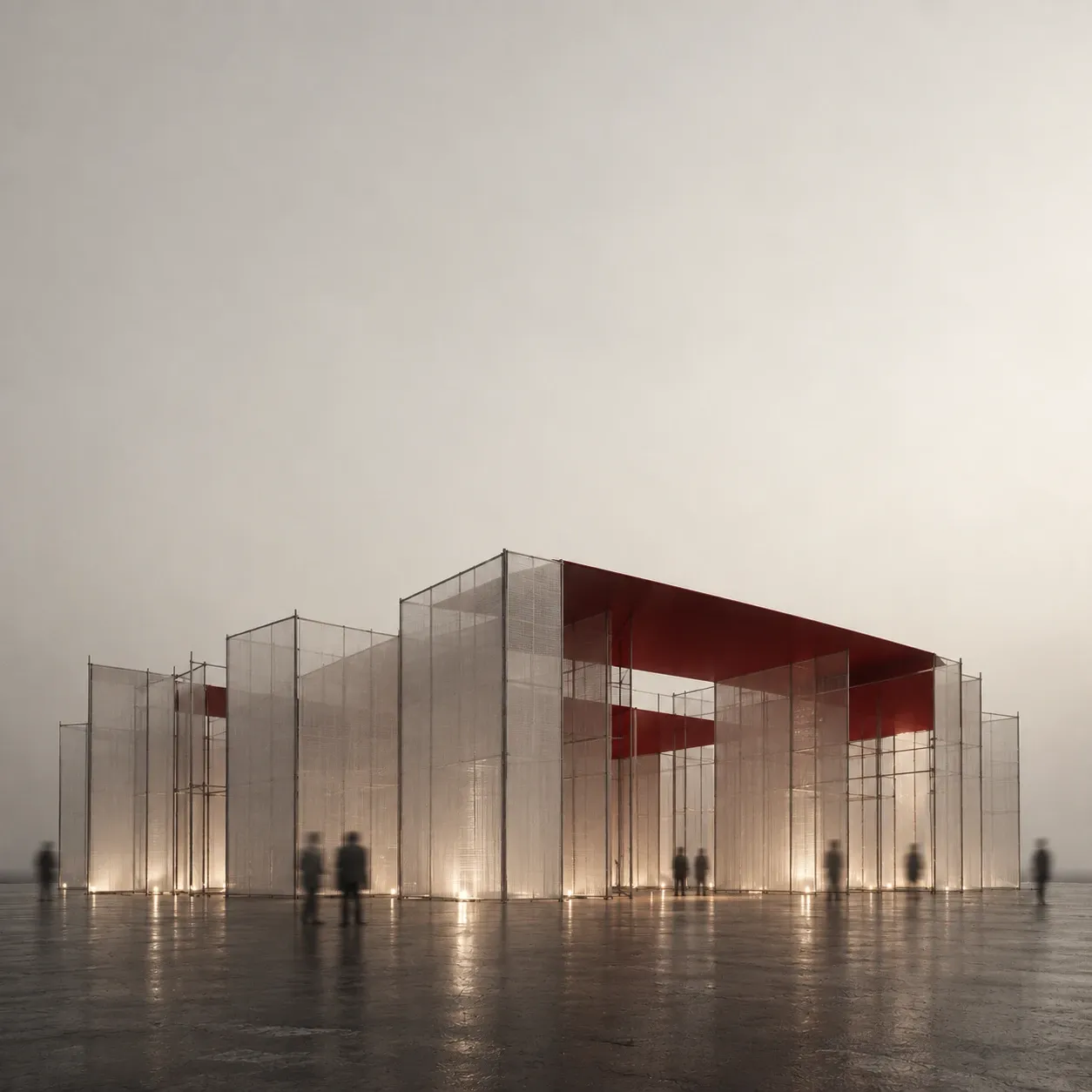 A translucent mesh pavilion with a red roof in fog, lit from below, figures standing around it.